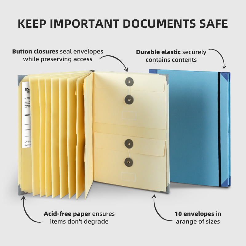 Khaki Important Document Organizer Folder with 10 Manila Envelopes and Acid-Free Paper for Home Office Estate Planning and Aussie Travel - Image 3