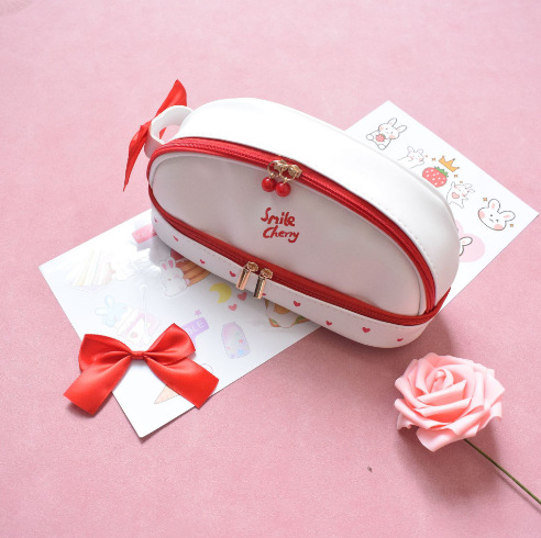 Red Large Capacity Double Layer Pencil Case Waterproof PU Leather Stationery Organizer for Australian Students and Office Use High Capacity Makeup Bag - Image 1