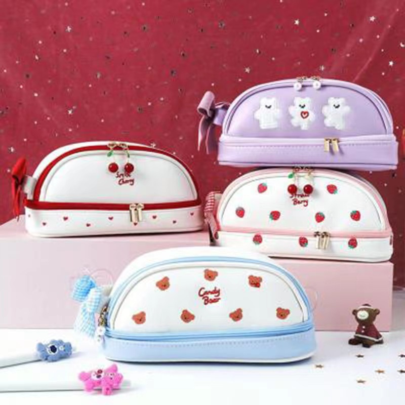 Red Large Capacity Double Layer Pencil Case Waterproof PU Leather Stationery Organizer for Australian Students and Office Use High Capacity Makeup Bag - Image 3
