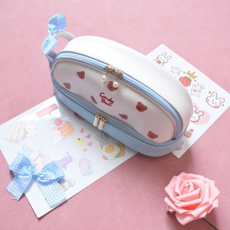Blue Large Capacity Double Layer Pencil Case Waterproof PU Leather Stationery Organizer for Australian Students and Office Use High Capacity Makeup Bag - Image 1