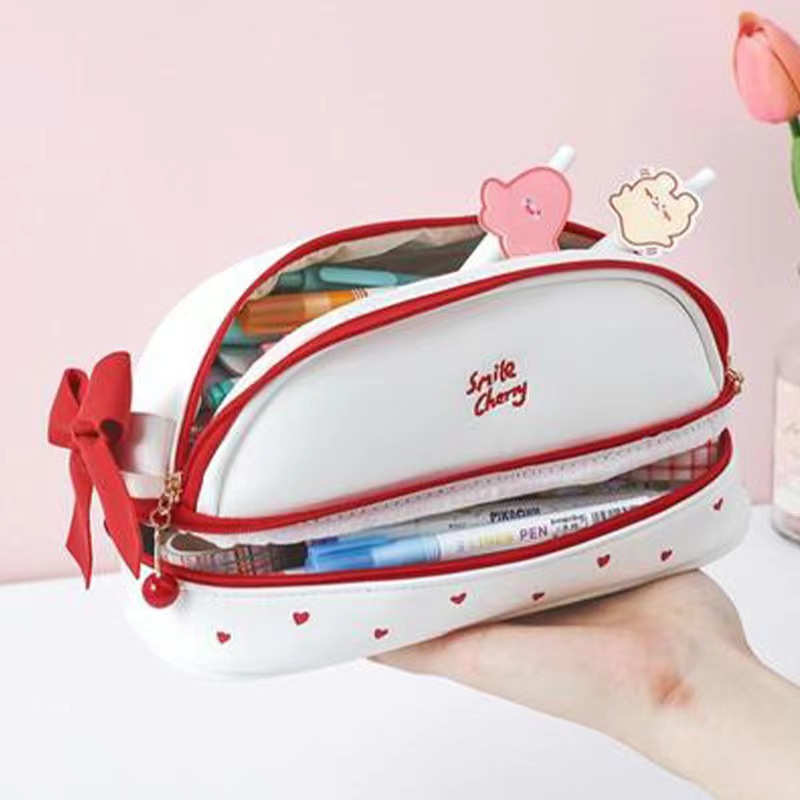 Blue Large Capacity Double Layer Pencil Case Waterproof PU Leather Stationery Organizer for Australian Students and Office Use High Capacity Makeup Bag - Image 2
