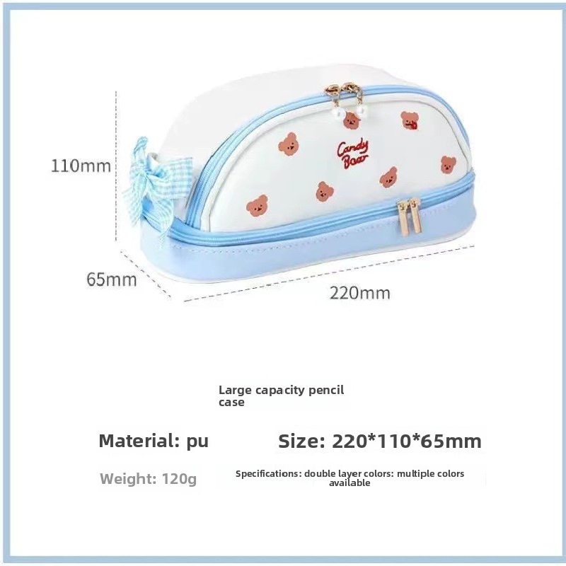 Blue Large Capacity Double Layer Pencil Case Waterproof PU Leather Stationery Organizer for Australian Students and Office Use High Capacity Makeup Bag - Image 5