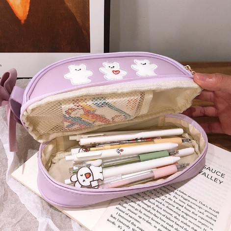 Purple Large Capacity Double Layer Pencil Case Waterproof PU Leather Stationery Organizer for Australian Students and Office Use High Capacity Makeup Bag - Image 1