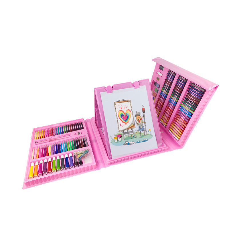 Pink 208-Piece Kids Art Set with Built-in Trifold Easel Drawing and Painting Kit for Students with Watercolor Pens Crayons and Pencils for Aussie Homes - Image 1