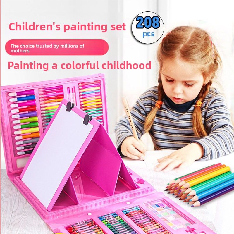 Blue 208-Piece Kids Art Set with Built-in Trifold Easel Drawing and Painting Kit for Students with Watercolor Pens Crayons and Pencils for Aussie Homes - Image 3