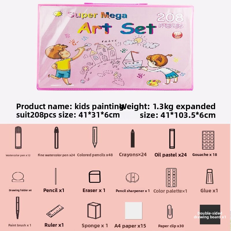 Blue 208-Piece Kids Art Set with Built-in Trifold Easel Drawing and Painting Kit for Students with Watercolor Pens Crayons and Pencils for Aussie Homes - Image 5