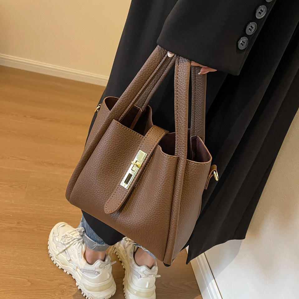 Coffee color Retro 2-Piece Women's Bucket Bag Set with Removable Inner Pouch PU Leather Crossbody Handbag and Fashionable Tote for Australian Everyday Use - Image 1