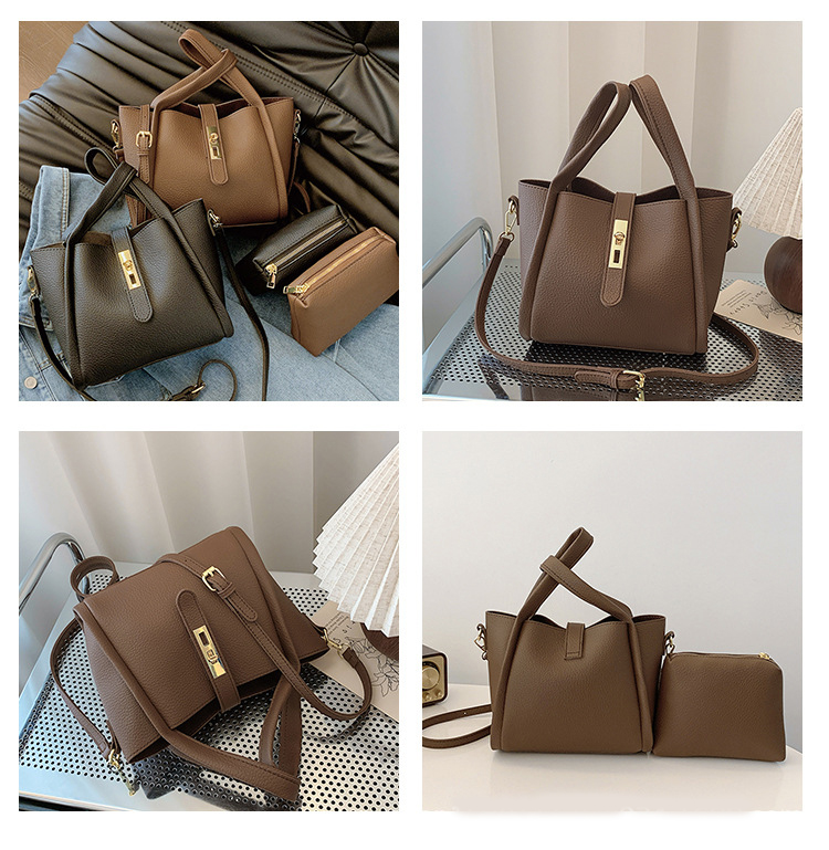 Brown Retro 2-Piece Women's Bucket Bag Set with Removable Inner Pouch PU Leather Crossbody Handbag and Fashionable Tote for Australian Everyday Use - Image 2