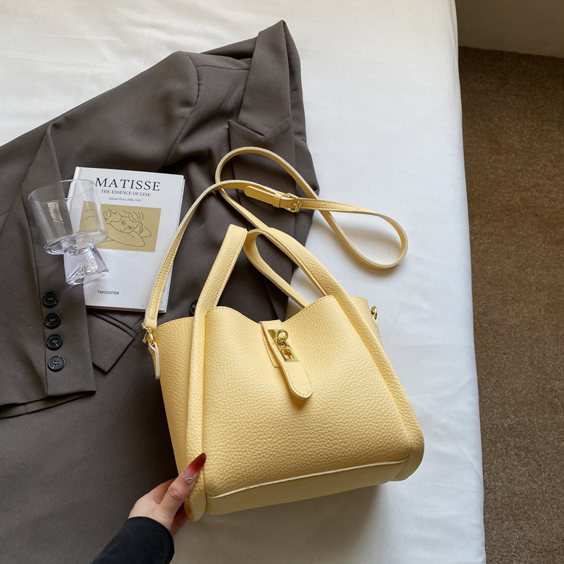 Yellow Retro 2-Piece Women's Bucket Bag Set with Removable Inner Pouch PU Leather Crossbody Handbag and Fashionable Tote for Australian Everyday Use - Image 1