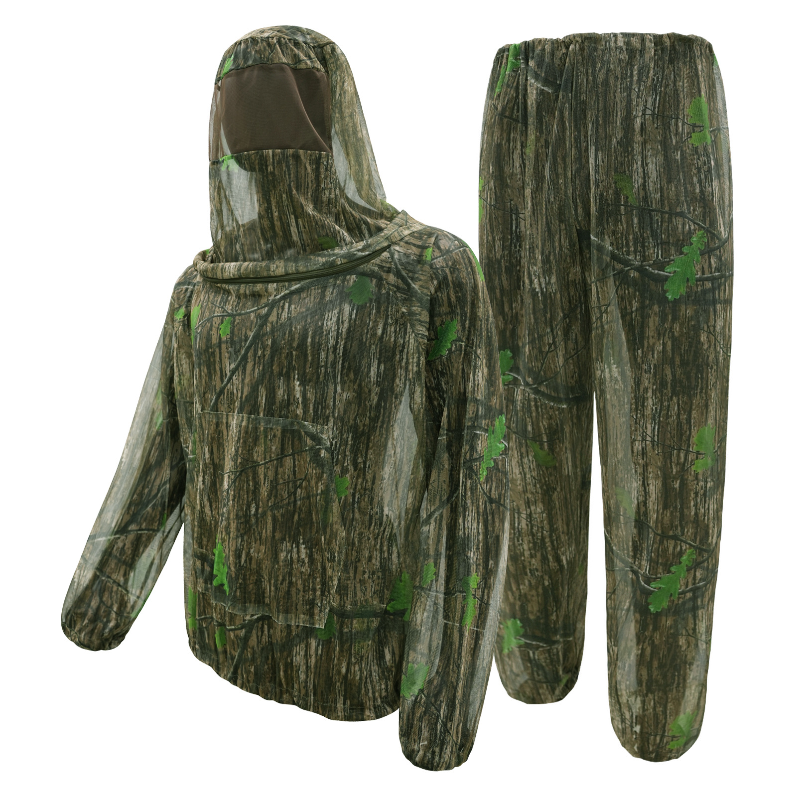 Bark and green leaves Camouflage Mosquito Repellent Suit Ultra-Fine Mesh Hooded Ghillie Suit for Outdoor Hunting Camping Fishing and Beekeeping(XL/XXL) - Image 1