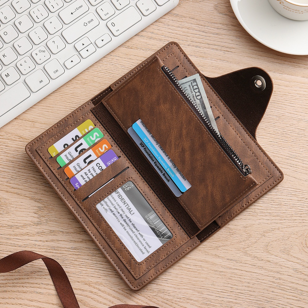 Light coffee Vintage Men's Long Wallet Slim PU Leather Clutch with Multi Card Slots and External Zipper Pocket, Large Capacity Fashion Purse for Daily Use - Image 2