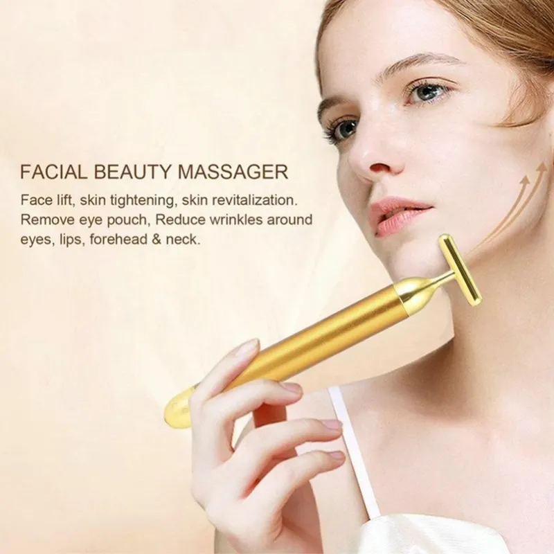 Gold Electric T-Shape Facial Massage Bar Waterproof Gold Tone Beauty Roller for Daily Skincare and High Frequency Vibration - Image 2