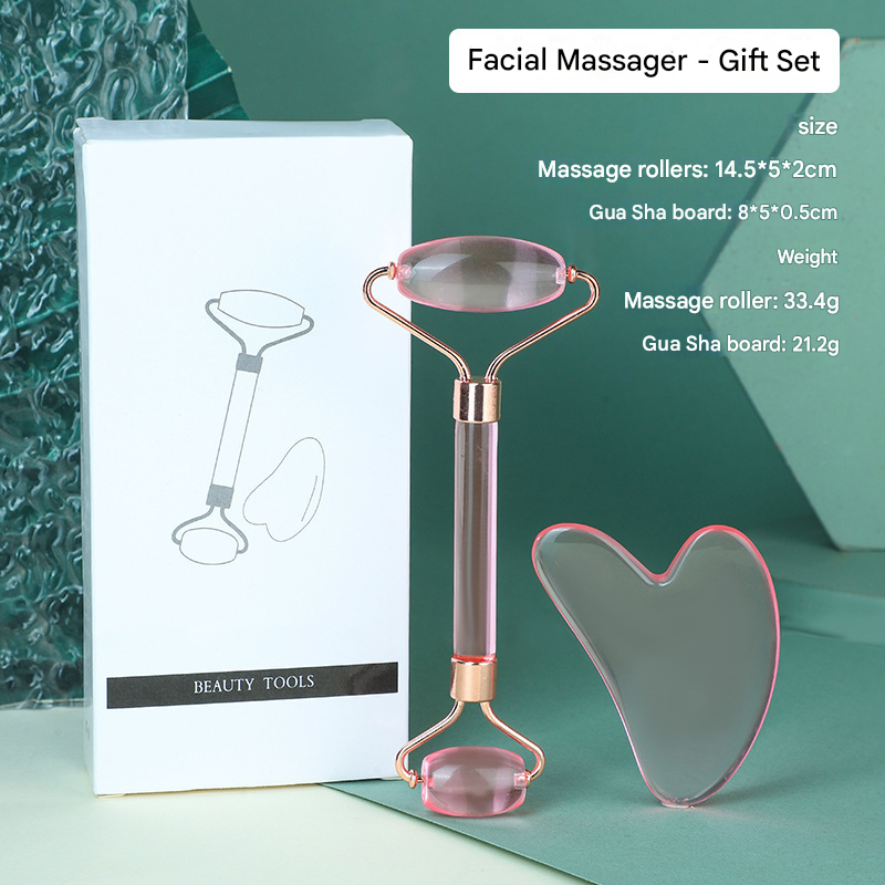 Transparent pink Dual-Head Resin Facial Roller and Heart-Shaped Gua Sha Set for Home SPA Skincare and Face Neck Massage - Image 1