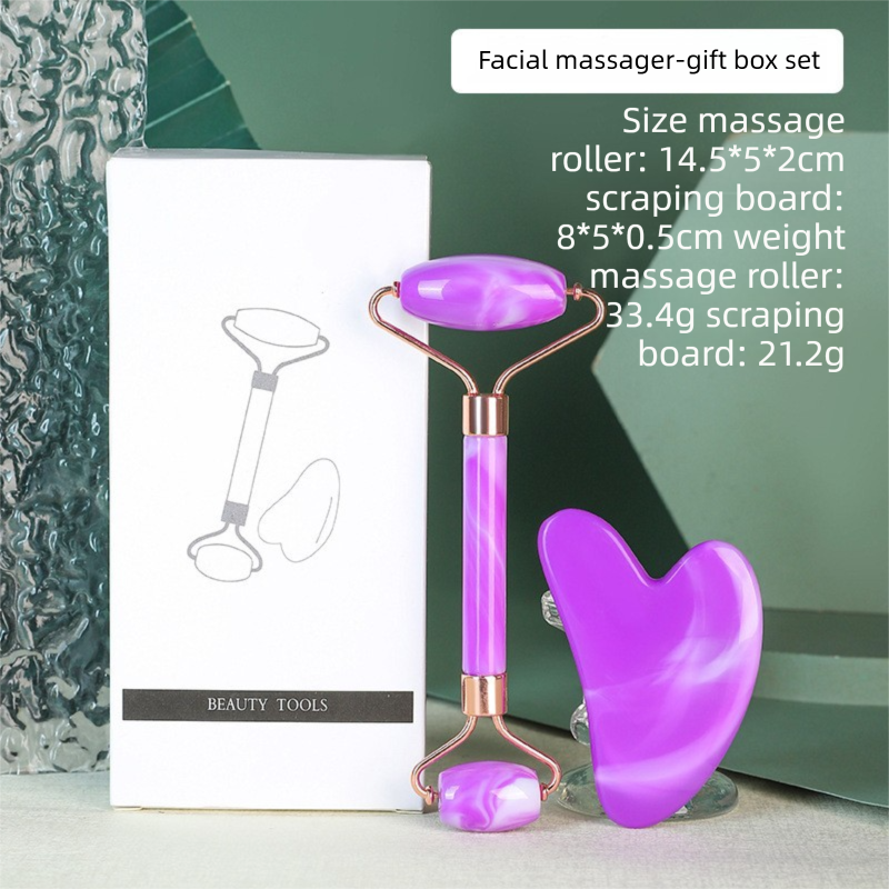 Double Purple Dual-Head Resin Facial Roller and Heart-Shaped Gua Sha Set for Home SPA Skincare and Face Neck Massage - Image 1