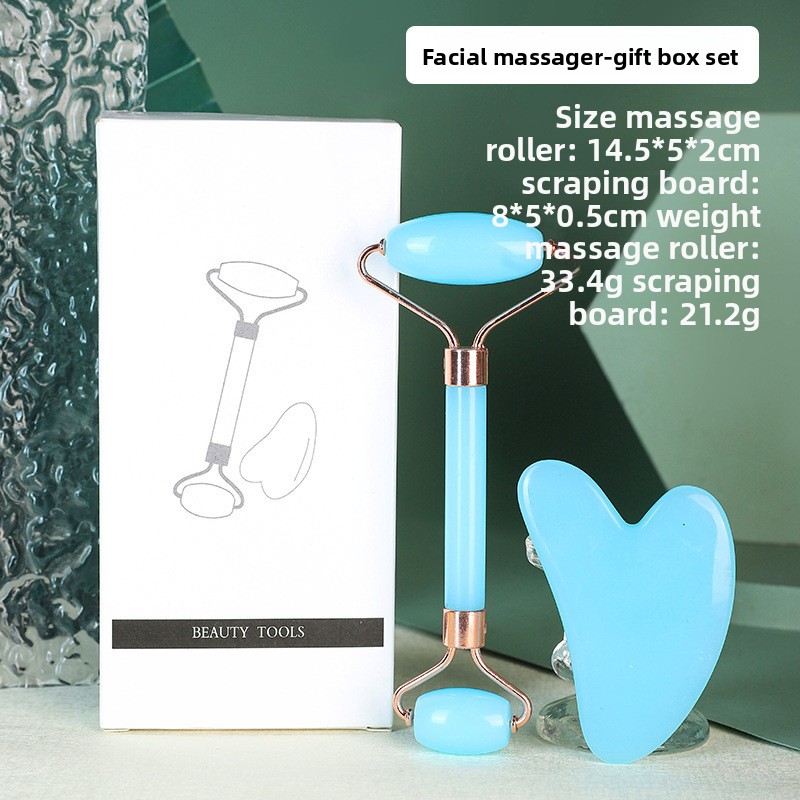 Blue Dual-Head Resin Facial Roller and Heart-Shaped Gua Sha Set for Home SPA Skincare and Face Neck Massage - Image 1