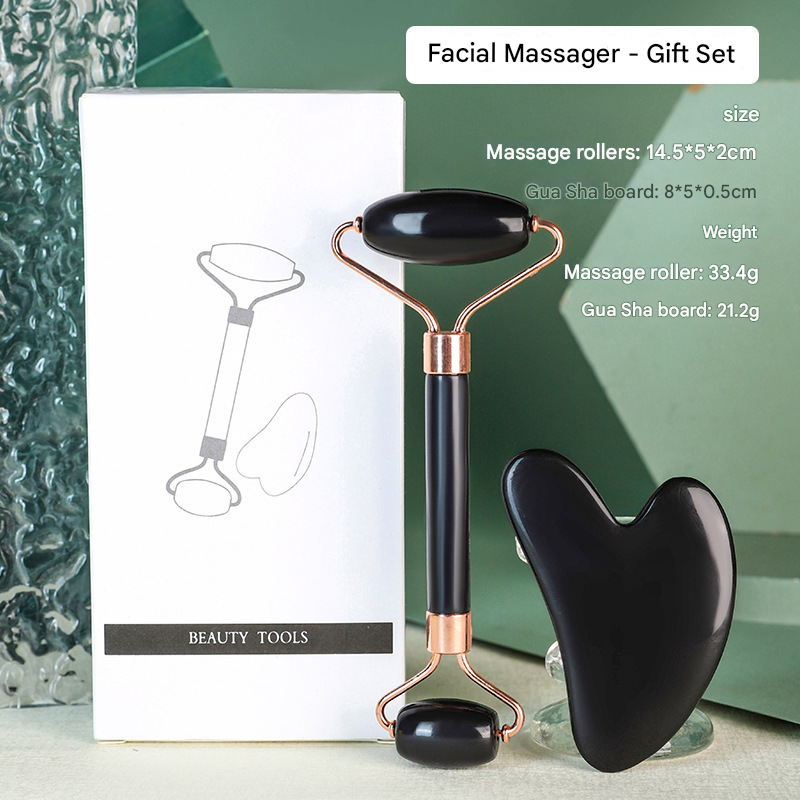 Black Dual-Head Resin Facial Roller and Heart-Shaped Gua Sha Set for Home SPA Skincare and Face Neck Massage - Image 1