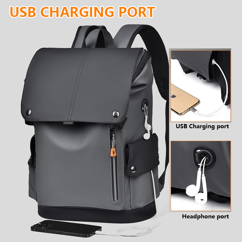 Light grey Men Large Capacity Business Laptop Backpack Waterproof PU Leather Travel Rucksack with USB Port for Work and Travel in Australia - Image 2