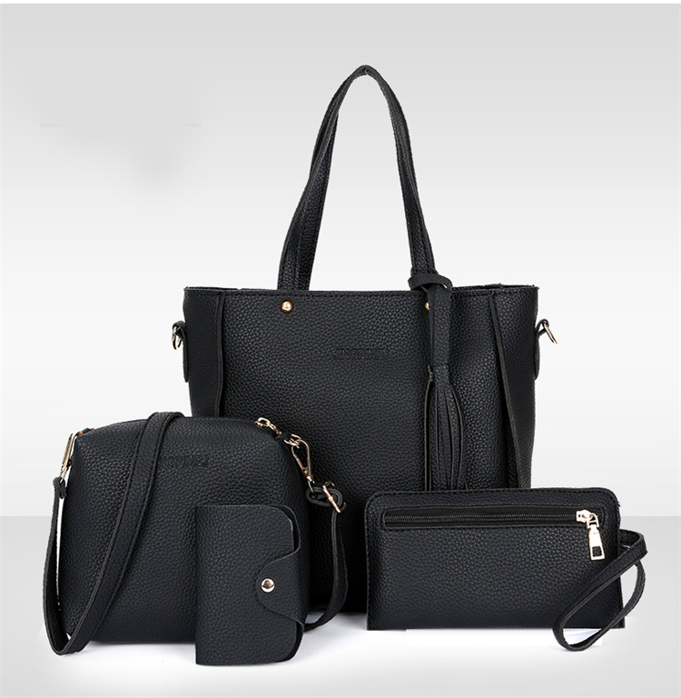 Black 4-Piece Women Bag Set Lychee Grain PU Leather Large Capacity Tote Shoulder Bag Crossbody Clutch and Card Holder for Daily Travel and Work Use - Image 1