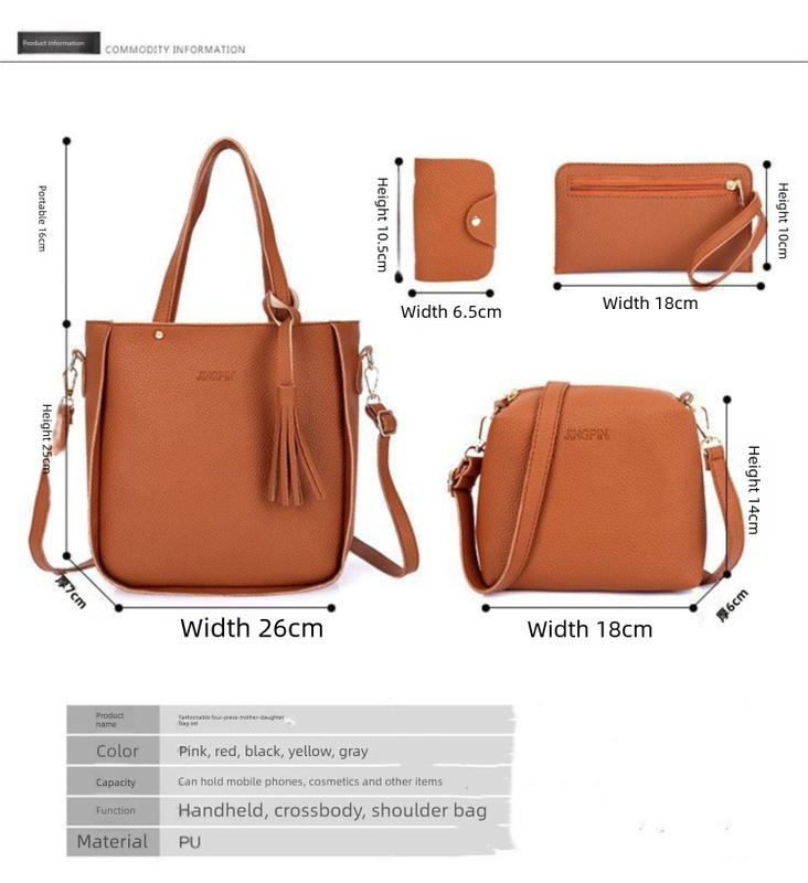 Black 4-Piece Women Bag Set Lychee Grain PU Leather Large Capacity Tote Shoulder Bag Crossbody Clutch and Card Holder for Daily Travel and Work Use - Image 4