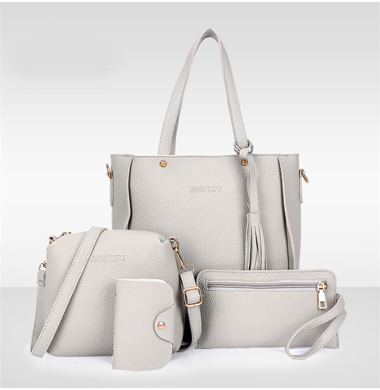 Grey 4-Piece Women Bag Set Lychee Grain PU Leather Large Capacity Tote Shoulder Bag Crossbody Clutch and Card Holder for Daily Travel and Work Use - Image 1