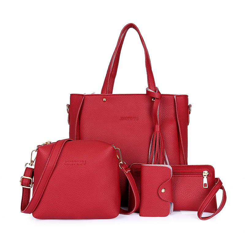 Red 4-Piece Women Bag Set Lychee Grain PU Leather Large Capacity Tote Shoulder Bag Crossbody Clutch and Card Holder for Daily Travel and Work Use - Image 1