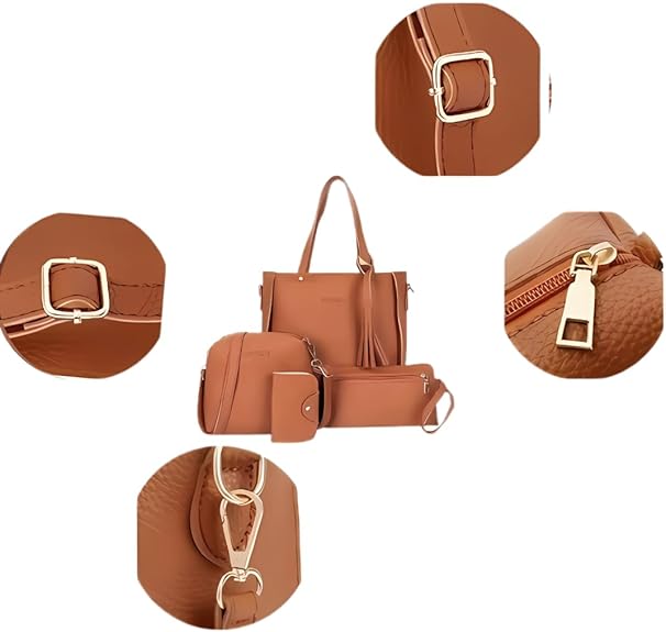 Red 4-Piece Women Bag Set Lychee Grain PU Leather Large Capacity Tote Shoulder Bag Crossbody Clutch and Card Holder for Daily Travel and Work Use - Image 3