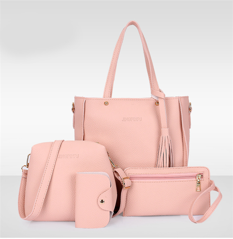 Pink 4-Piece Women Bag Set Lychee Grain PU Leather Large Capacity Tote Shoulder Bag Crossbody Clutch and Card Holder for Daily Travel and Work Use - Image 1