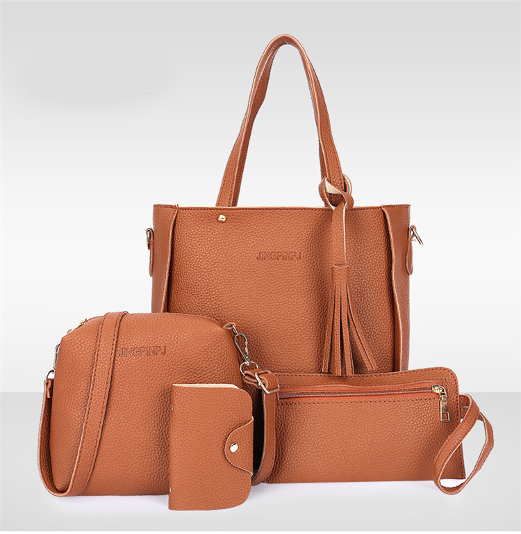 Brown 4-Piece Women Bag Set Lychee Grain PU Leather Large Capacity Tote Shoulder Bag Crossbody Clutch and Card Holder for Daily Travel and Work Use - Image 1