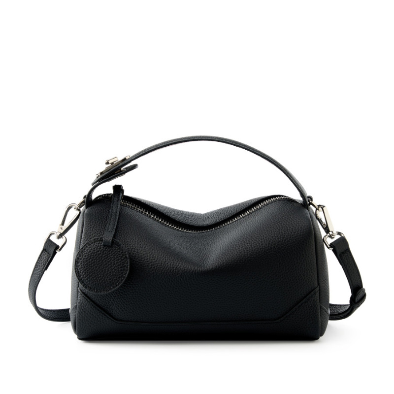 Black Women Genuine First Layer Cowhide Boston Bag Fashionable Handheld Crossbody Shoulder Bag with 115cm Adjustable Strap - Image 1