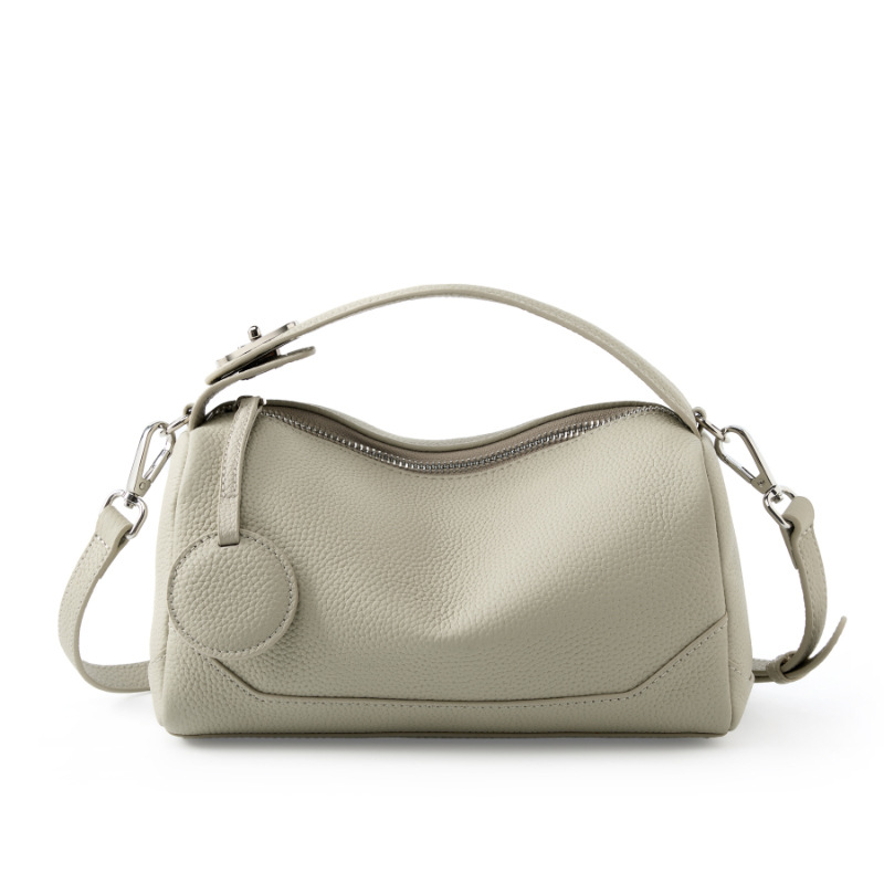 Beige Women Genuine First Layer Cowhide Boston Bag Fashionable Handheld Crossbody Shoulder Bag with 115cm Adjustable Strap - Image 1