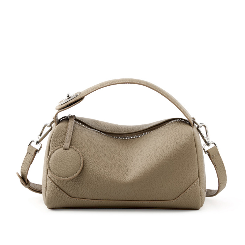 Grey Women Genuine First Layer Cowhide Boston Bag Fashionable Handheld Crossbody Shoulder Bag with 115cm Adjustable Strap - Image 1