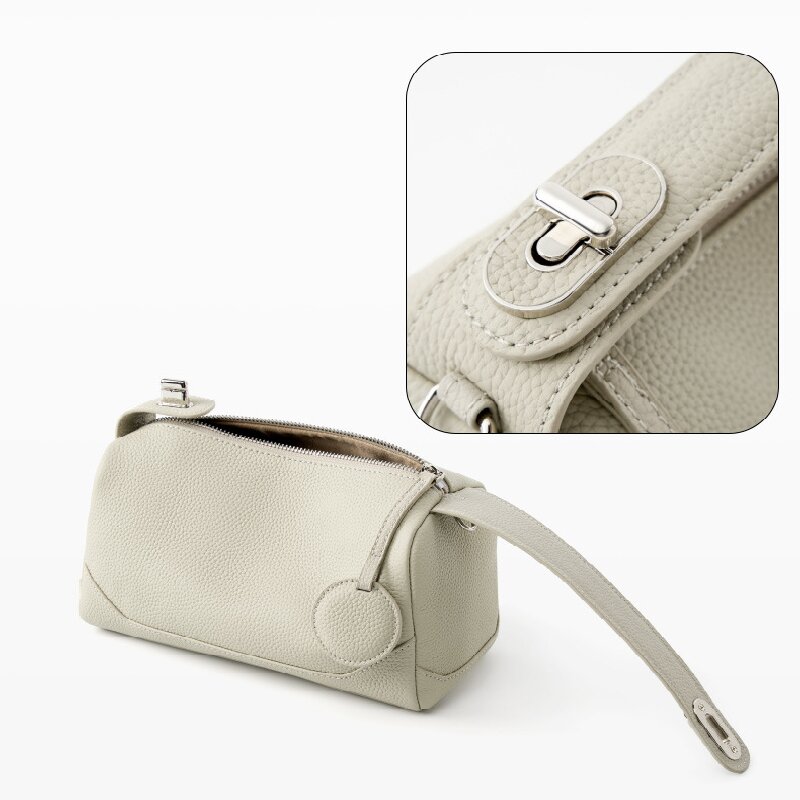Grey Women Genuine First Layer Cowhide Boston Bag Fashionable Handheld Crossbody Shoulder Bag with 115cm Adjustable Strap - Image 2