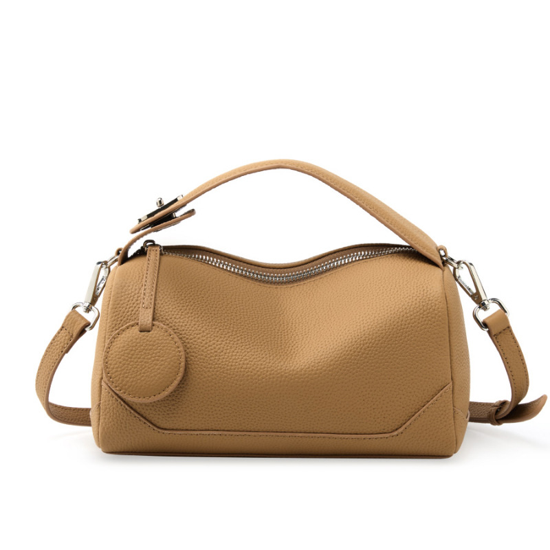 Caramel color Women Genuine First Layer Cowhide Boston Bag Fashionable Handheld Crossbody Shoulder Bag with 115cm Adjustable Strap - Image 1