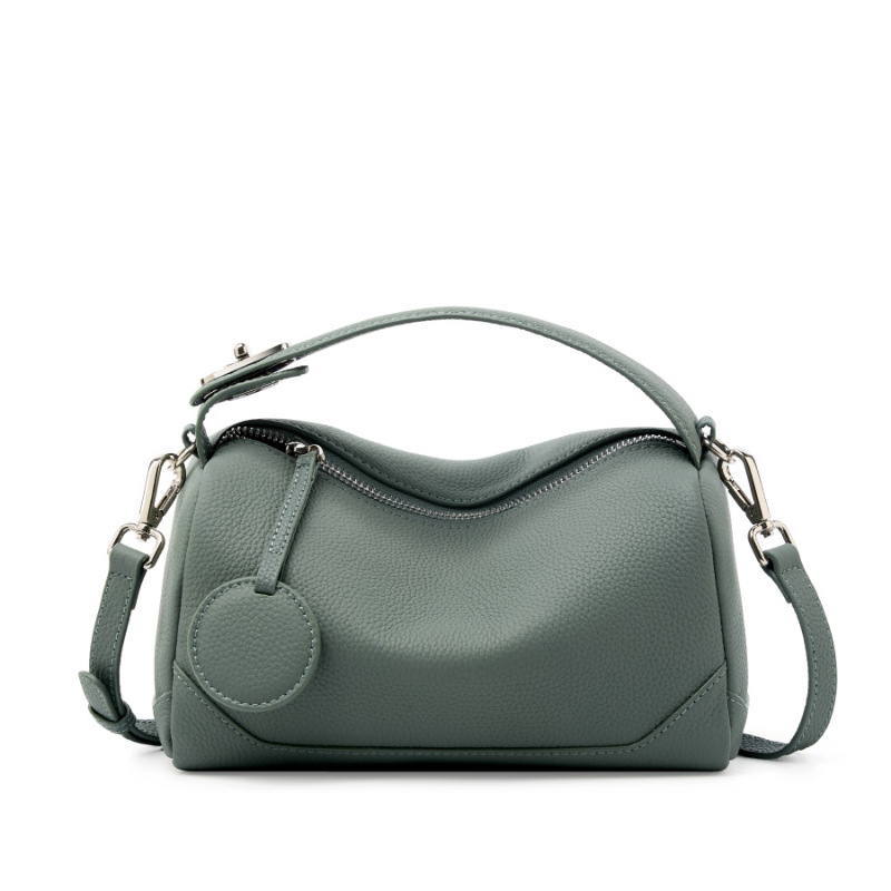 Green Women Genuine First Layer Cowhide Boston Bag Fashionable Handheld Crossbody Shoulder Bag with 115cm Adjustable Strap - Image 1