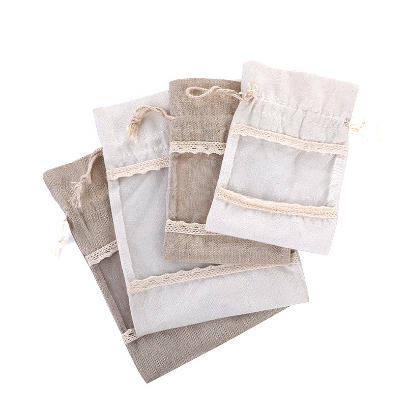 Brownish-gray 10 Pack Linen Canvas Drawstring Gift Bags with Lace Trim and Mesh Window 10x14cm Elegant Pouches for Jewelry Wedding Favours and Sachets - Image 4