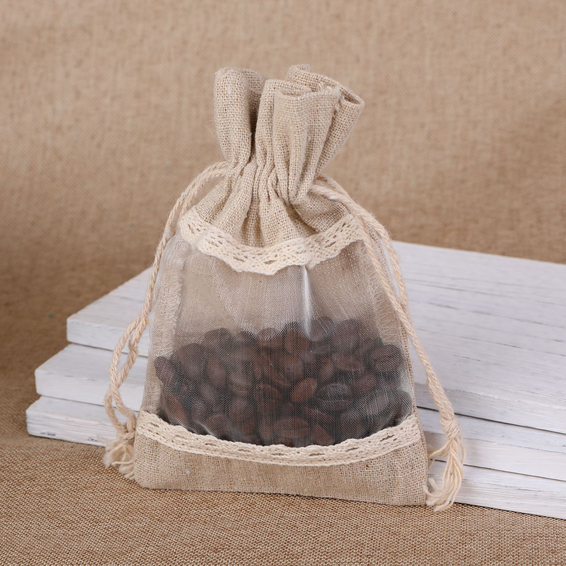 Brownish-gray 10 Pack Linen Canvas Drawstring Gift Bags with Lace Trim and Mesh Window 13x18cm Versatile Pouches for Wedding Favours and Home Storage in Australia - Image 1