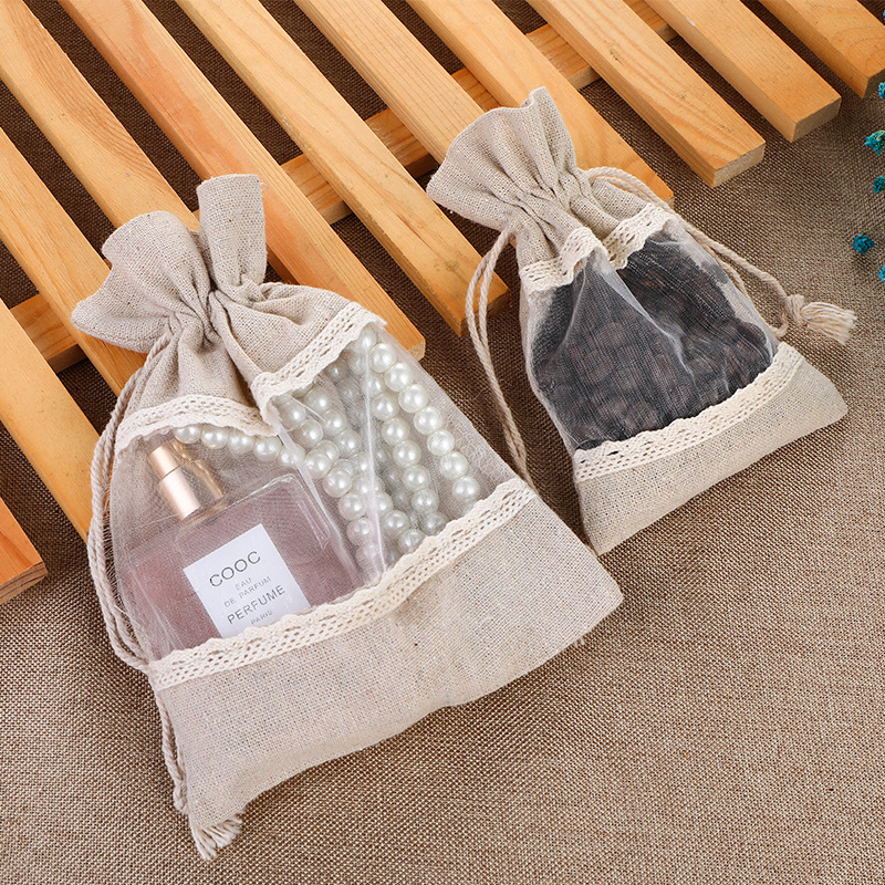 Brownish-gray 10 Pack Linen Canvas Drawstring Gift Bags with Lace Trim and Mesh Window 13x18cm Versatile Pouches for Wedding Favours and Home Storage in Australia - Image 2