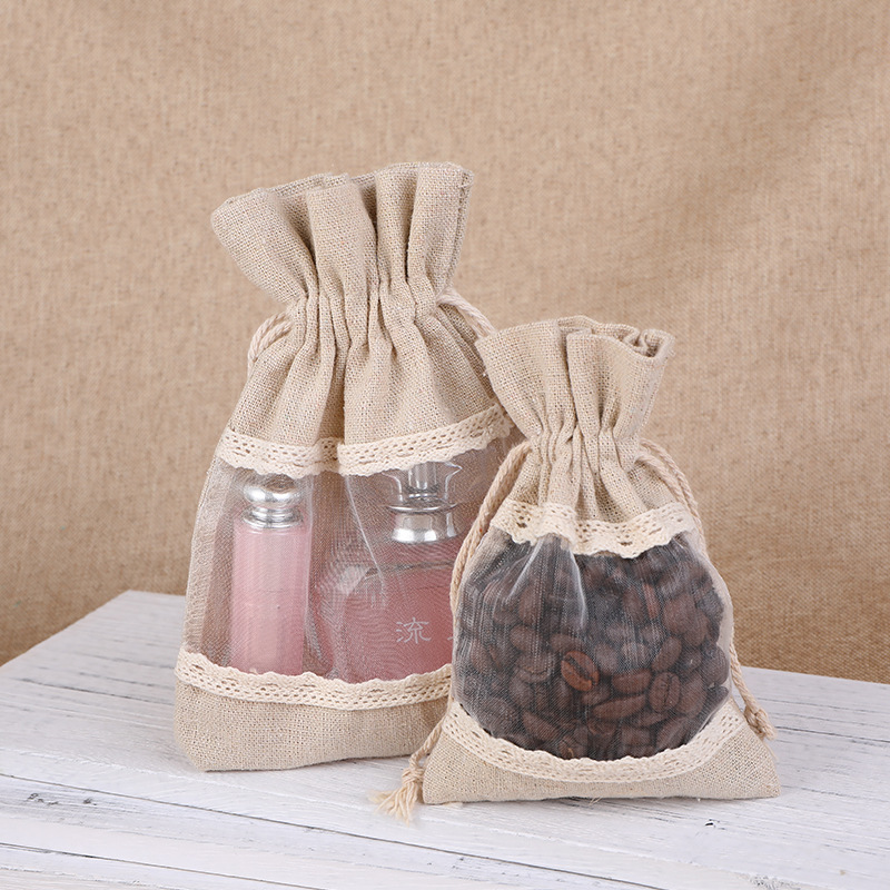 White 10 Pack Linen Canvas Drawstring Gift Bags with Lace Trim and Mesh Window 13x18cm Versatile Pouches for Wedding Favours and Home Storage in Australia - Image 3