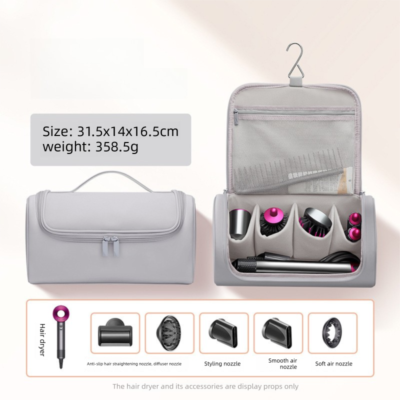 Grey Portable Hair Dryer and Curler Storage Bag Waterproof PU Leather Travel Case with Hanging Hook for Local Professionals and Modern Lifestyles - Image 1