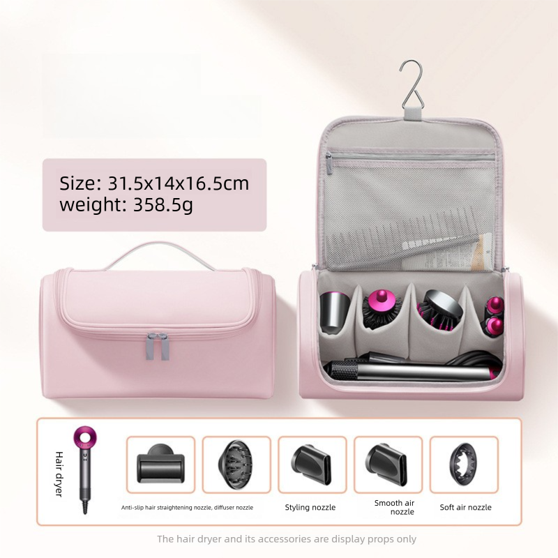 Pink Portable Hair Dryer and Curler Storage Bag Waterproof PU Leather Travel Case with Hanging Hook for Local Professionals and Modern Lifestyles - Image 1