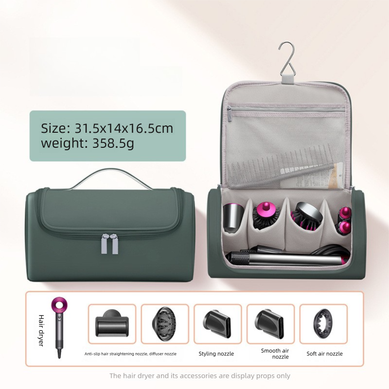 Green Portable Hair Dryer and Curler Storage Bag Waterproof PU Leather Travel Case with Hanging Hook for Local Professionals and Modern Lifestyles - Image 1