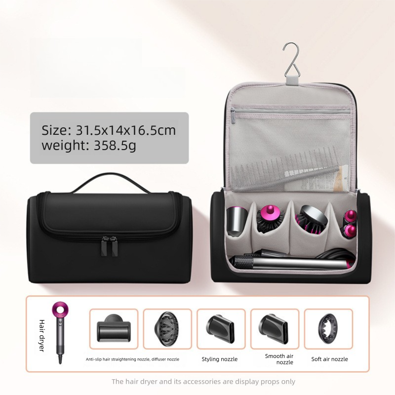 Black Portable Hair Dryer and Curler Storage Bag Waterproof PU Leather Travel Case with Hanging Hook for Local Professionals and Modern Lifestyles - Image 1