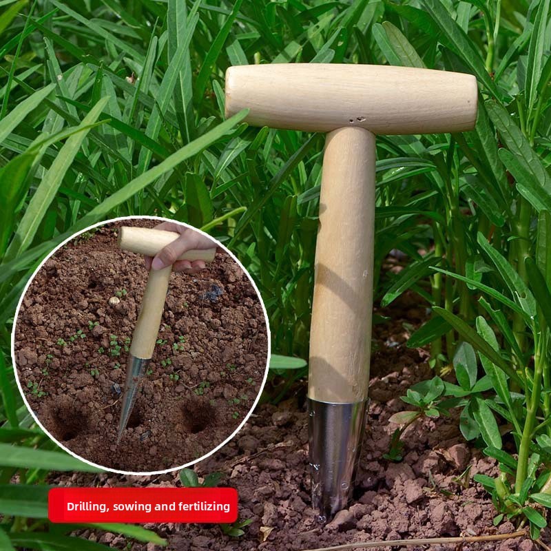 2 Pack Gardening Dibber with T-Shaped Wooden Handle Chrome Tip Seed Sower and Transplanting Tool with Measurement Scale for Local Garden Maintenance - Image 5