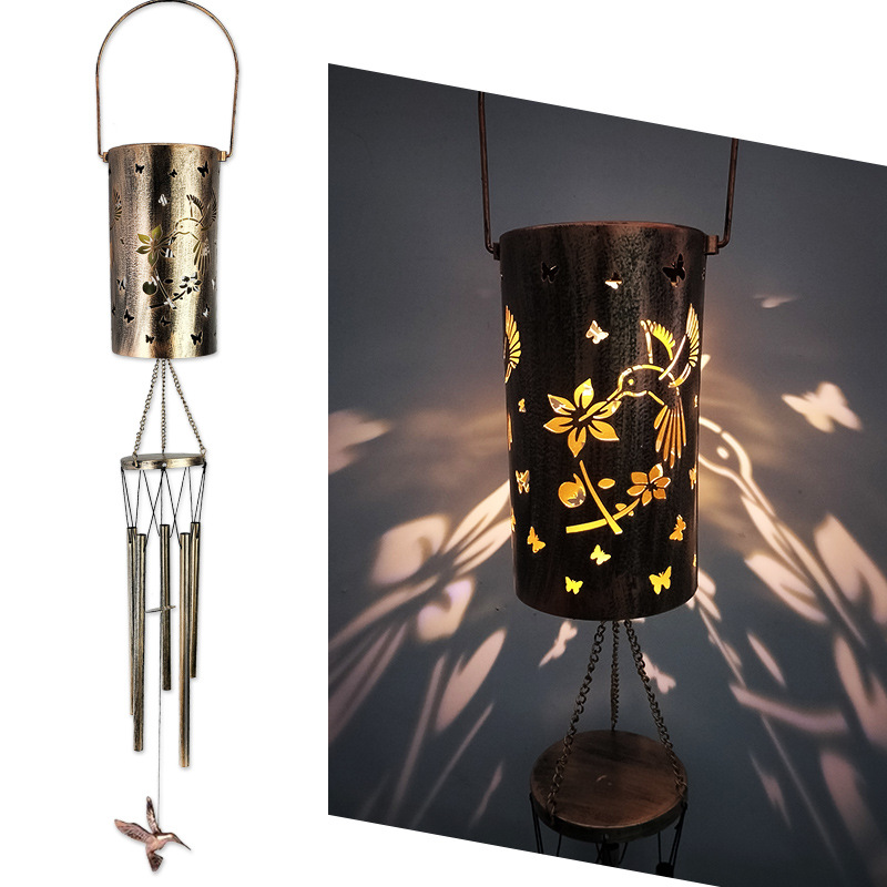 Hummingbird Solar Wind Chime Lantern with Iron Art Projection Waterproof Decorative Light for Garden and Local Home Landscapes Elegant Outdoor Illumination Solution - Image 1