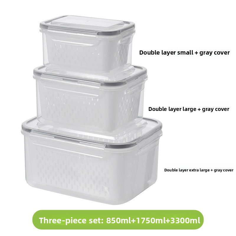 Grey 3-Piece Refrigerator Food Storage Container Set with Drain Basket and Airtight Lid 850ml 1750ml 3300ml Stackable Produce Saver for Local Homes - Image 1