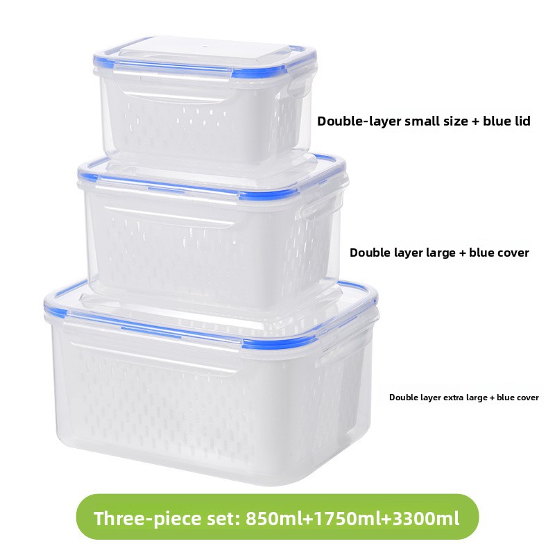 Blue 3-Piece Refrigerator Food Storage Container Set with Drain Basket and Airtight Lid 850ml 1750ml 3300ml Stackable Produce Saver for Local Homes - Image 1