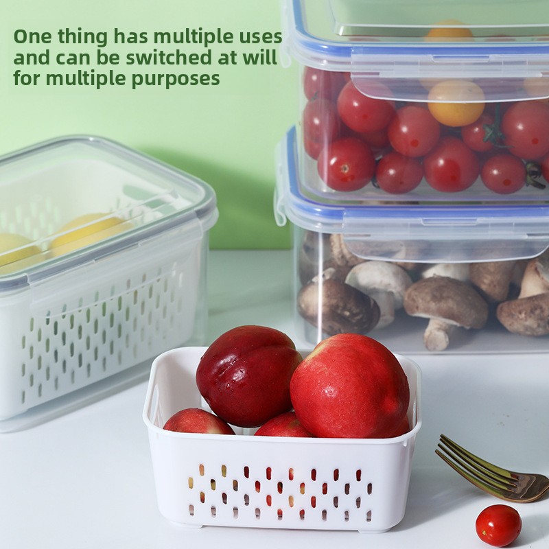 Blue 3-Piece Refrigerator Food Storage Container Set with Drain Basket and Airtight Lid 850ml 1750ml 3300ml Stackable Produce Saver for Local Homes - Image 3