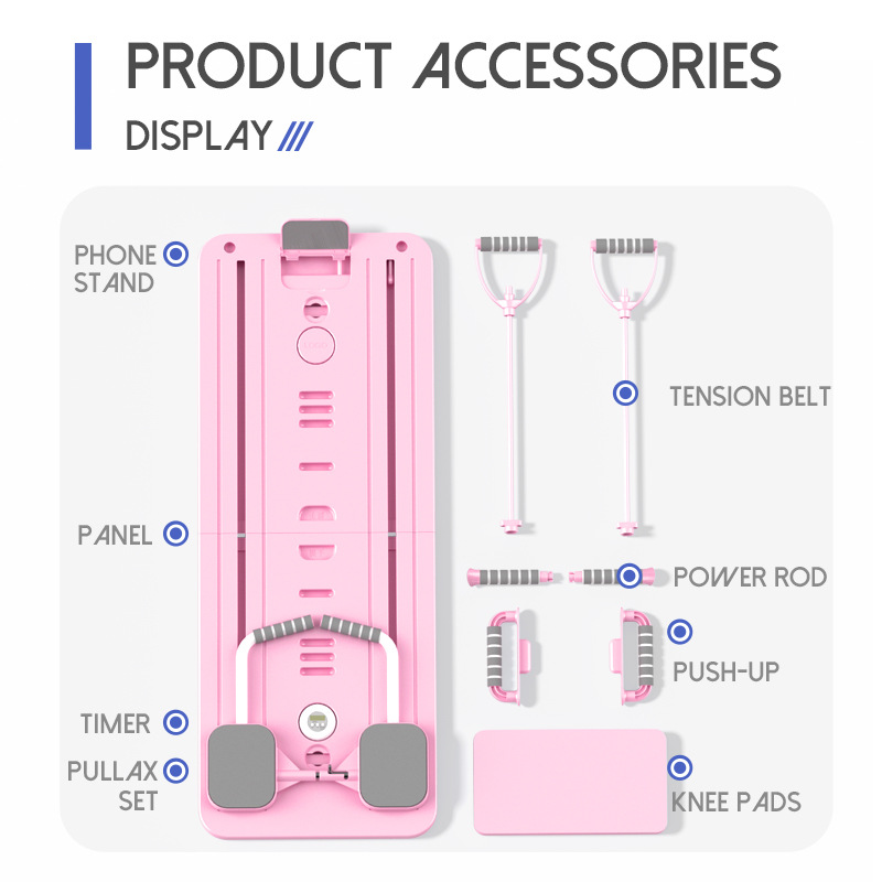 Pink Multi-functional Core Training Board with Digital Timer and Resistance Bands Foldable Fitness Panel for Home Abdominal and Pilates Workouts Solution - Image 1