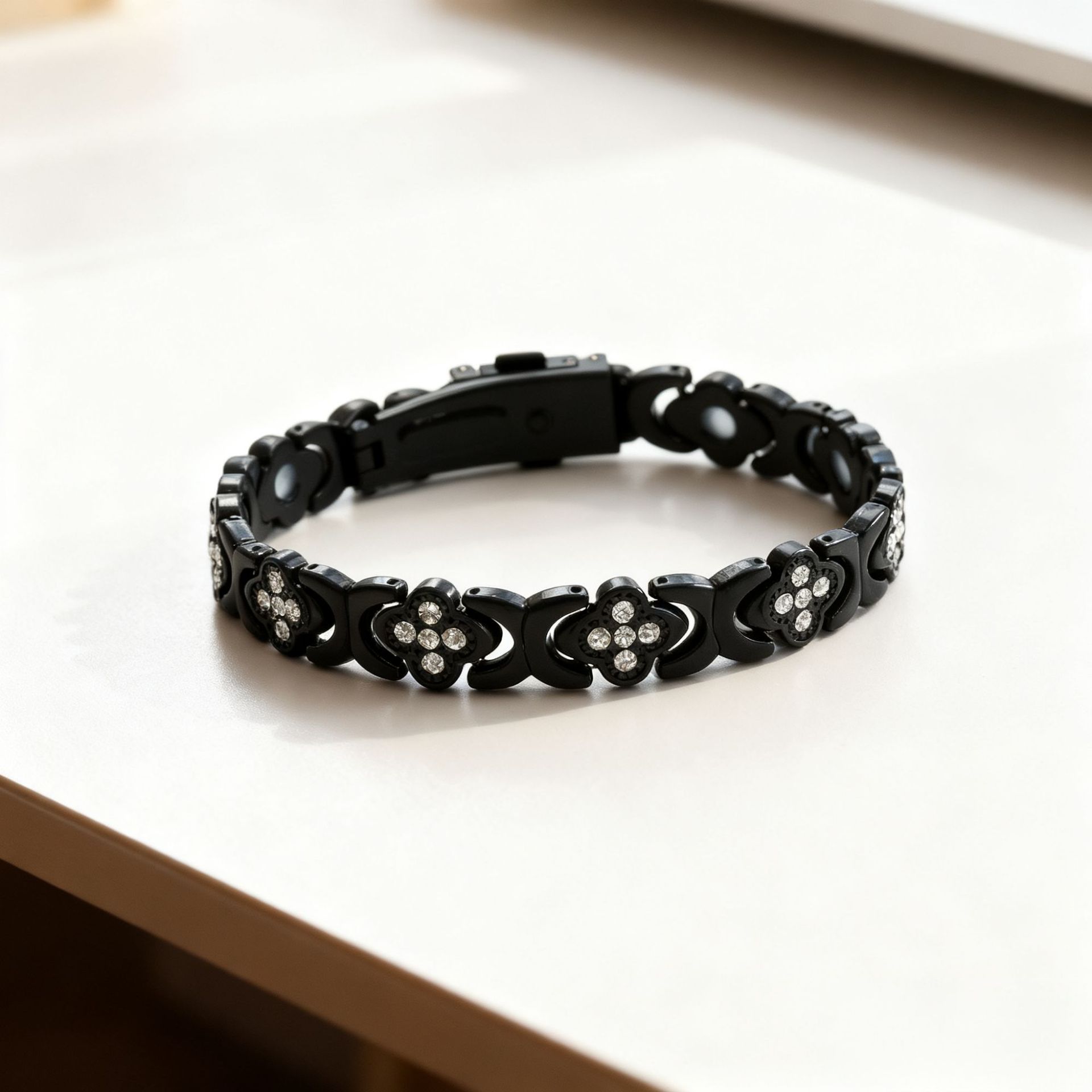 Black New Fashion Lightweight Luxury Four-Leaf Clover Diamond Inlaid Bracelet - Alloy Magnetic Watch Band Style Bracelet for Women + Free Disassembly Tool - Image 1