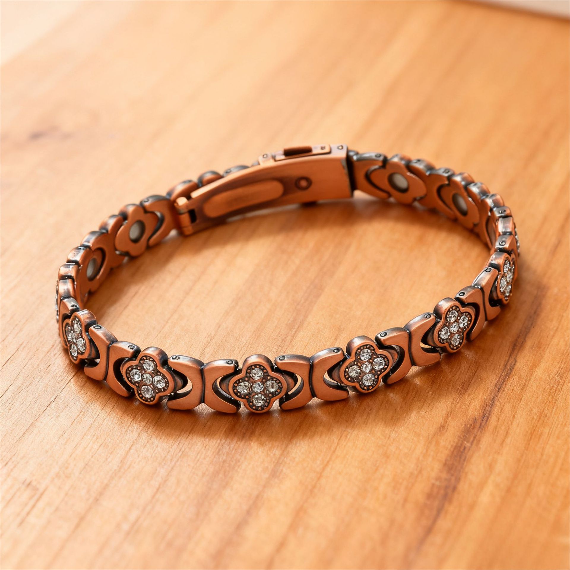 Antique bronze brushed finish New Fashion Lightweight Luxury Four-Leaf Clover Diamond Inlaid Bracelet - Alloy Magnetic Watch Band Style Bracelet for Women + Free Disassembly Tool - Image 1